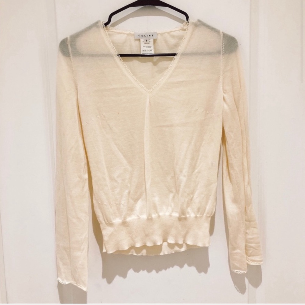 Celine Cream Cashmere V Neck Sweater Small